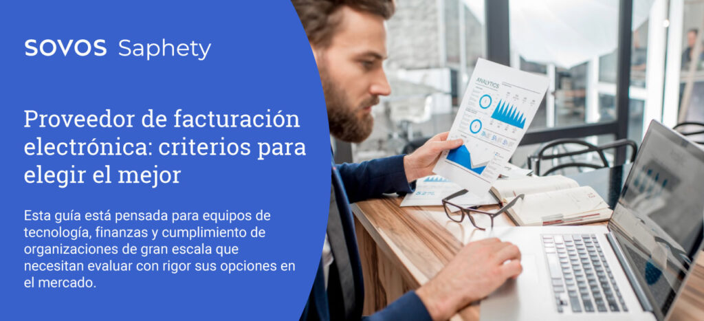 Profesional analizando datos en software de proveedor de facturación electrónica para gestión financiera y cumplimiento tributario.