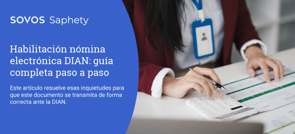 Contadora gestionando nómina electrónica y datos financieros en computador para cumplimiento con la DIAN.