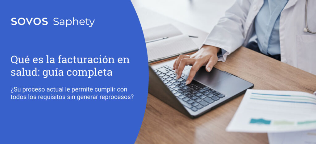 Profesional de la salud usando laptop para gestionar facturación electrónica en servicios médicos.
