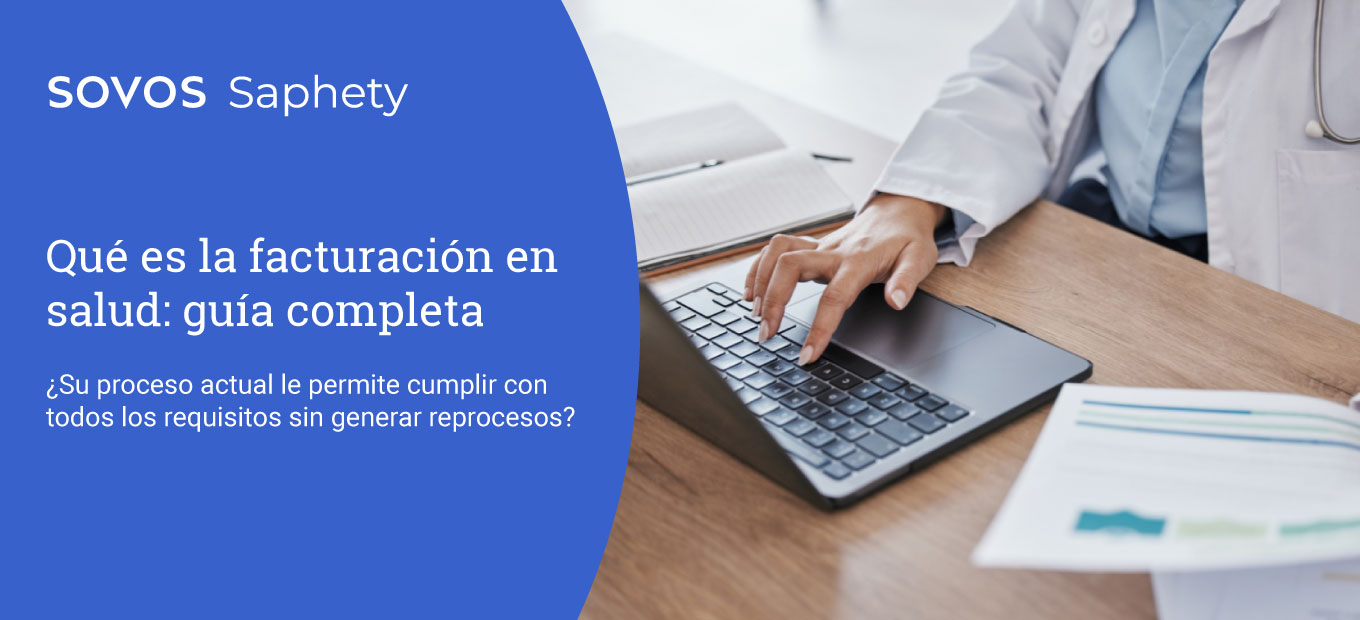 Profesional de la salud usando laptop para gestionar facturación electrónica en servicios médicos.