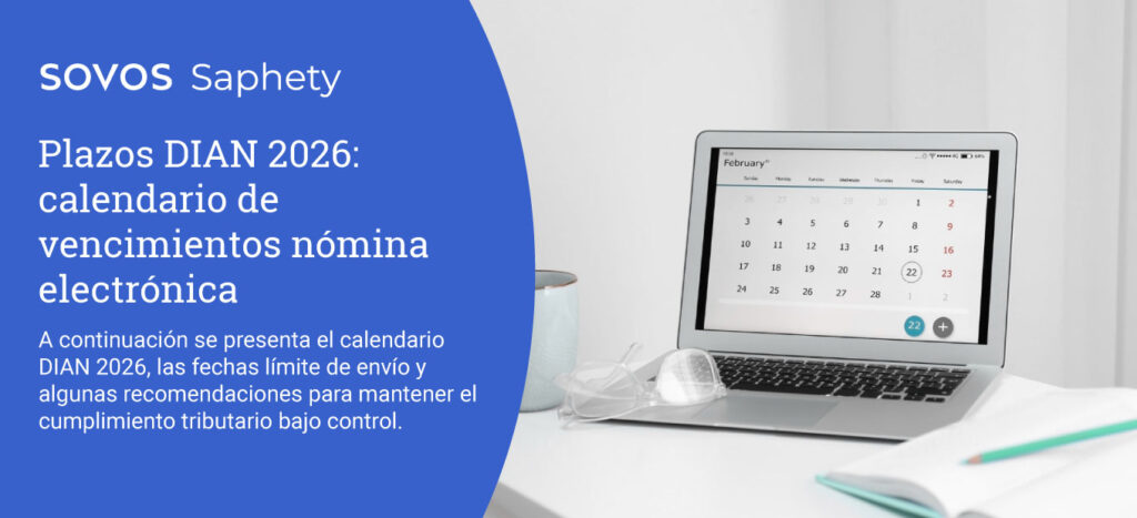 Laptop con calendario digital en escritorio de oficina para planificación de plazos DIAN y envío de nómina electrónica en Colombia.