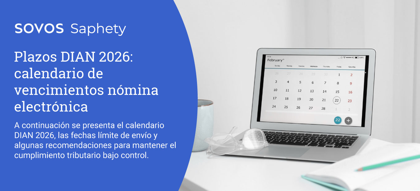 Laptop con calendario digital en escritorio de oficina para planificación de plazos DIAN y envío de nómina electrónica en Colombia.