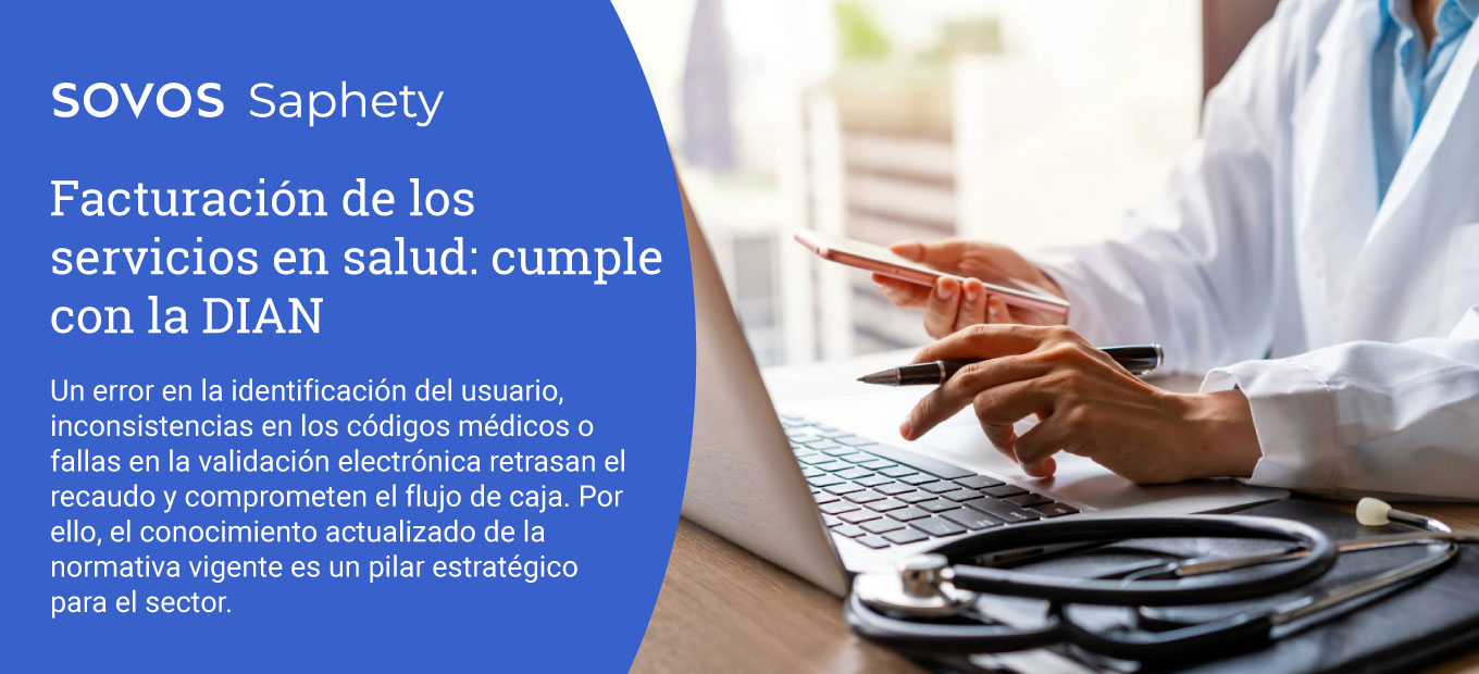 Doctora revisando facturación electrónica de servicios de salud en plataforma digital para cumplimiento de la DIAN en Colombia.
