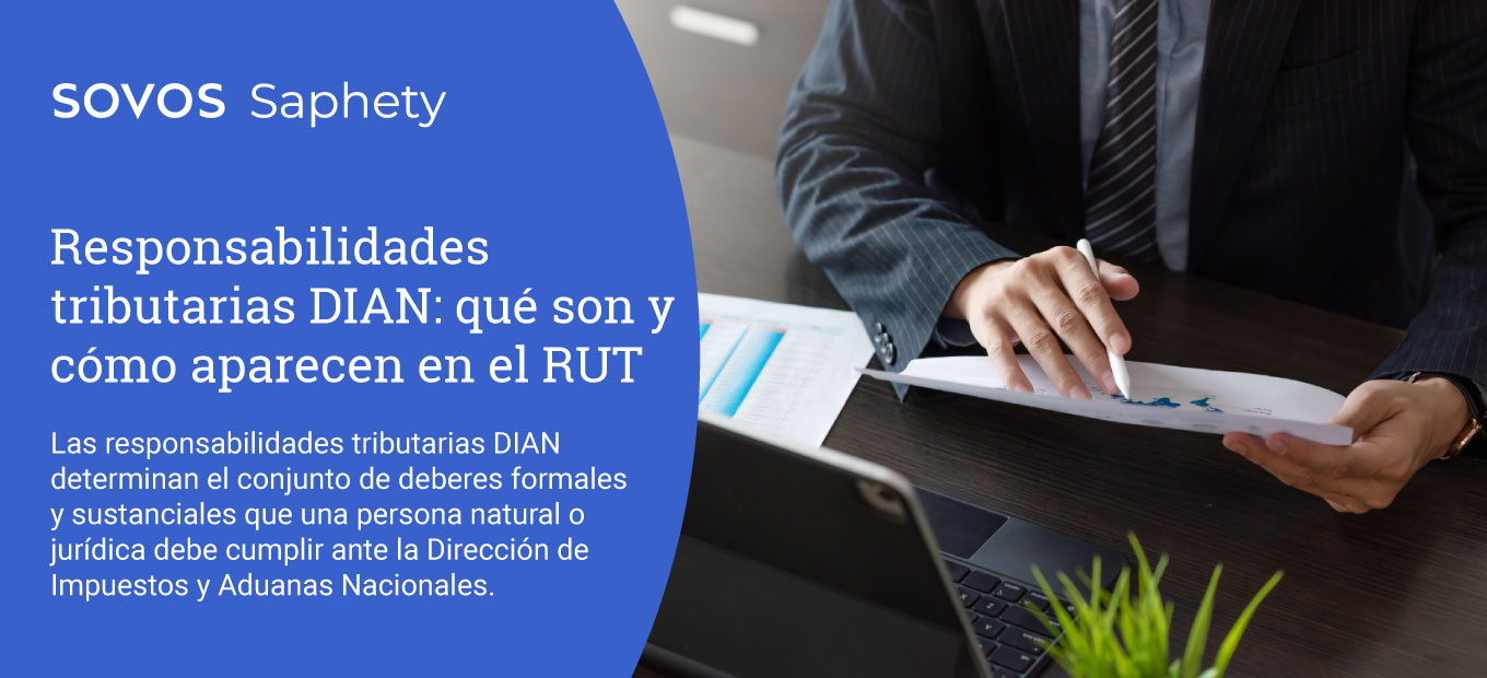 Profesional revisando documentos tributarios en computador para gestionar responsabilidades tributarias DIAN y mantener actualizado el RUT.