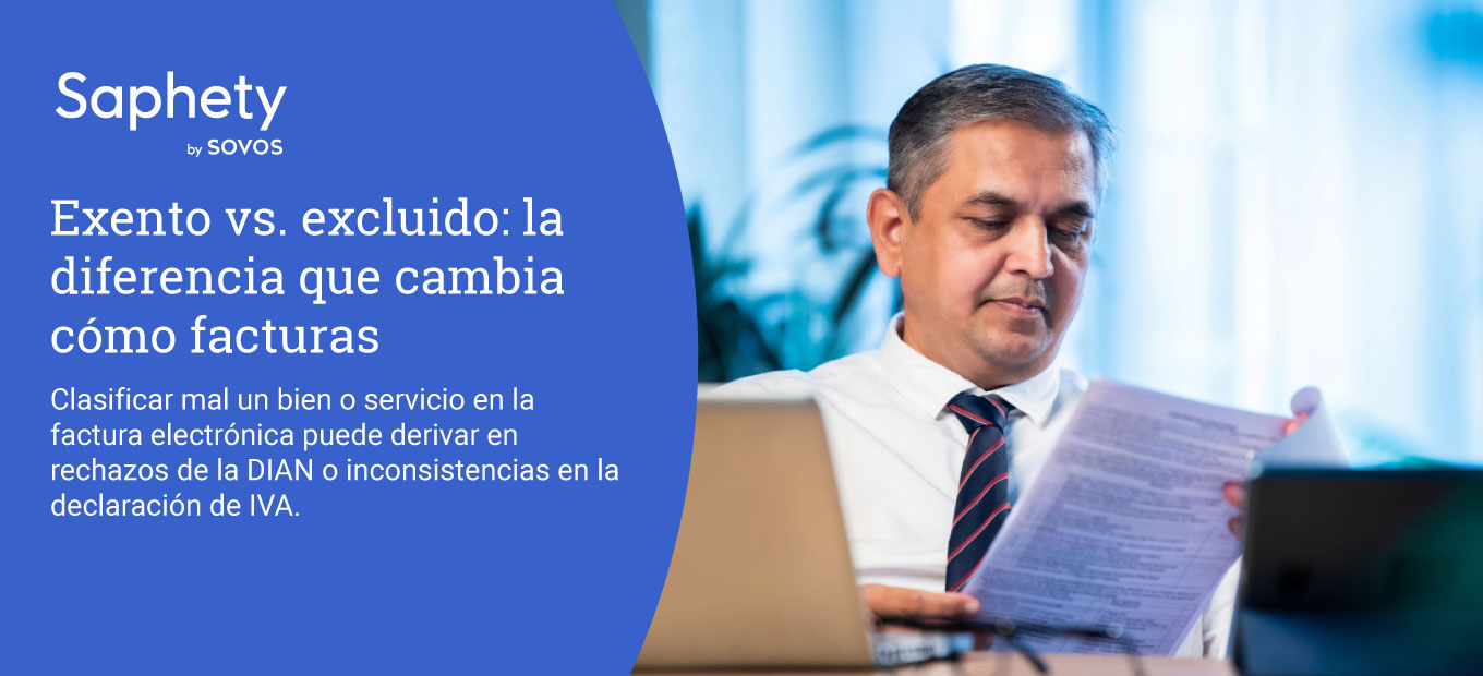 Contador colombiano revisando la clasificación de IVA en una factura electrónica desde su computador